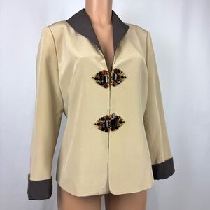 VTG Windsmoor Women’s Sz 6 100% Silk Tan/ Brown Light Weight Jacket Beaded Front